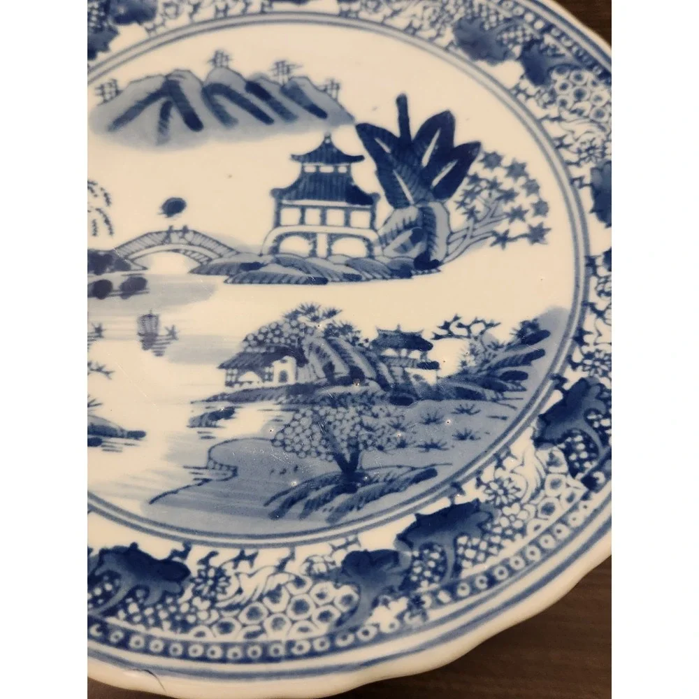 Vintage Chinese Tazza Blue Porcelain Footed Pedestal Plate Platter